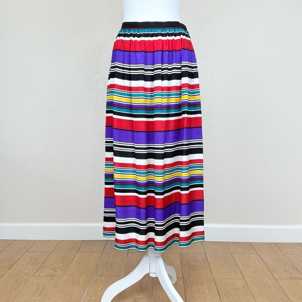 Vintage 1970s-80s Joan Leslie Striped Silk Midi Skirt by Herbert Kasper 10 / S